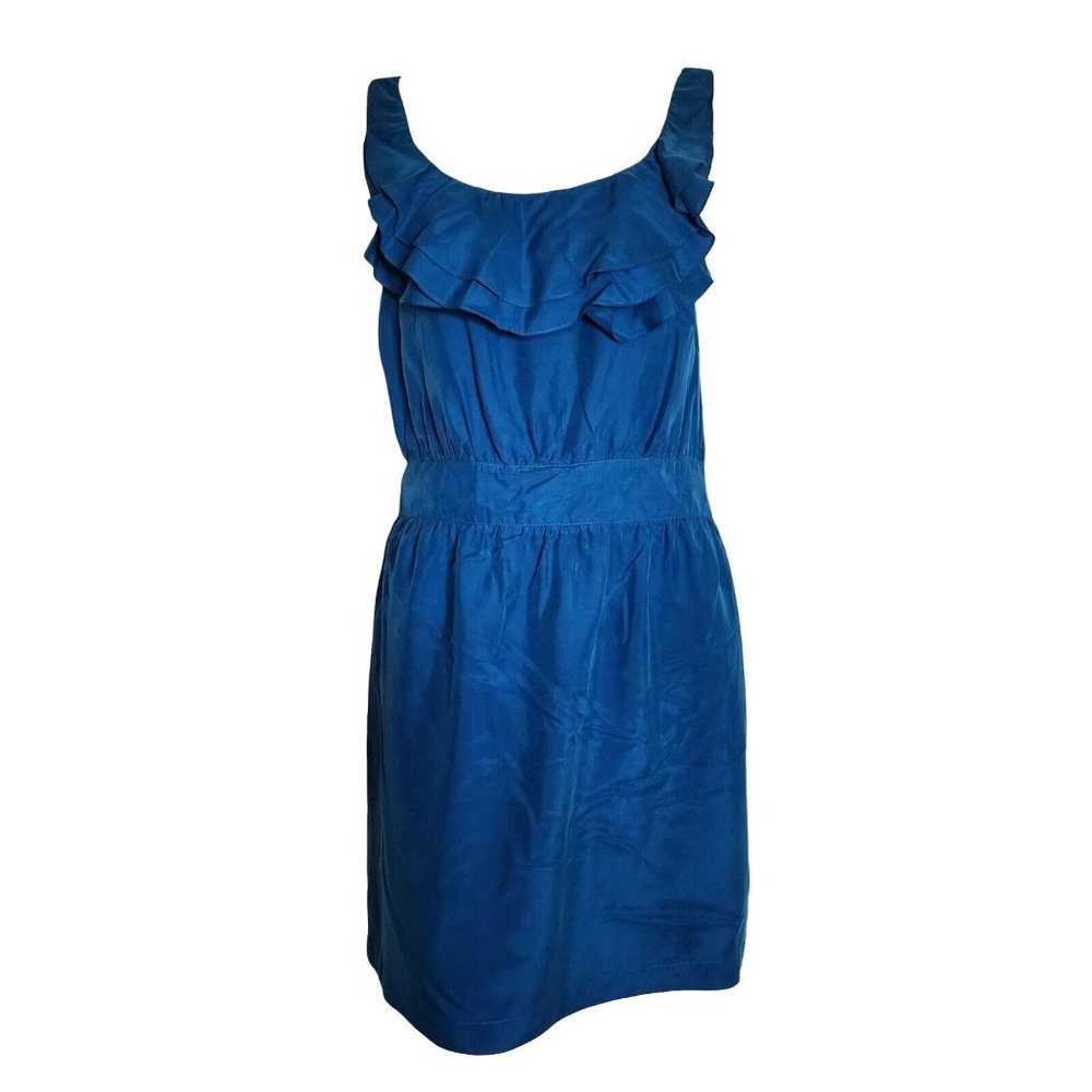 Ann Taylor Loft Dress Womens Size 4 Teal Blue Sleeveless 100% Silk Ruffle